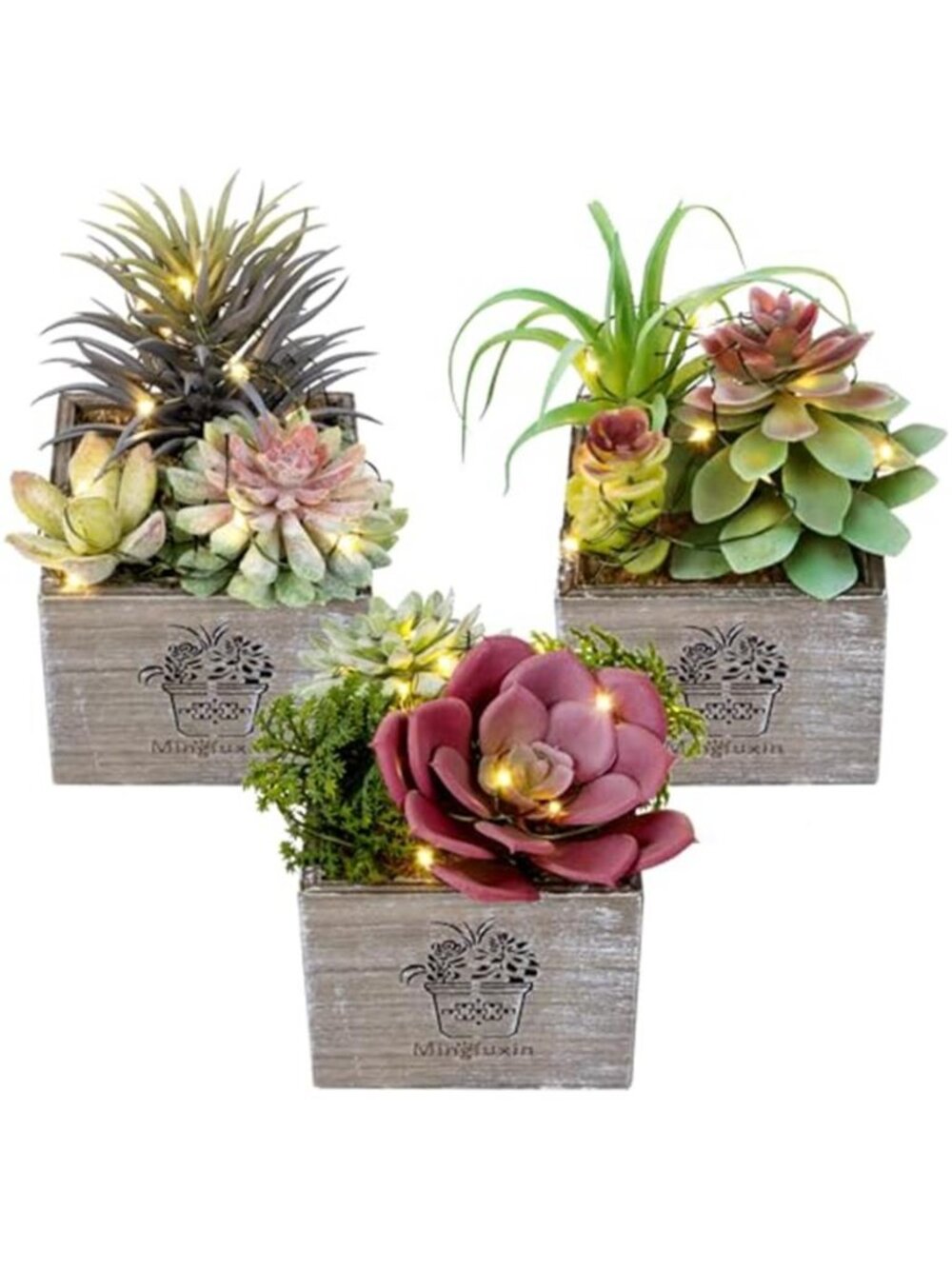 Mini Fake Succulent Plants Set 3 Pack LED Lights Indoor Desk Bedroom Decor